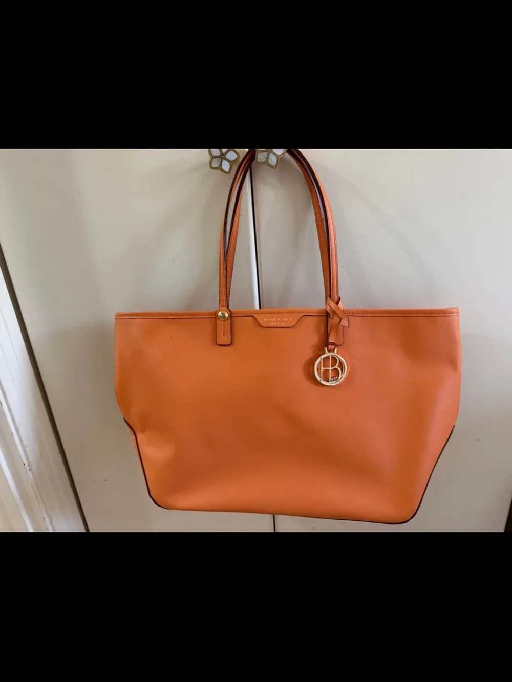 henri bendel Orange Leather Shoulder Tote with Logo Charm